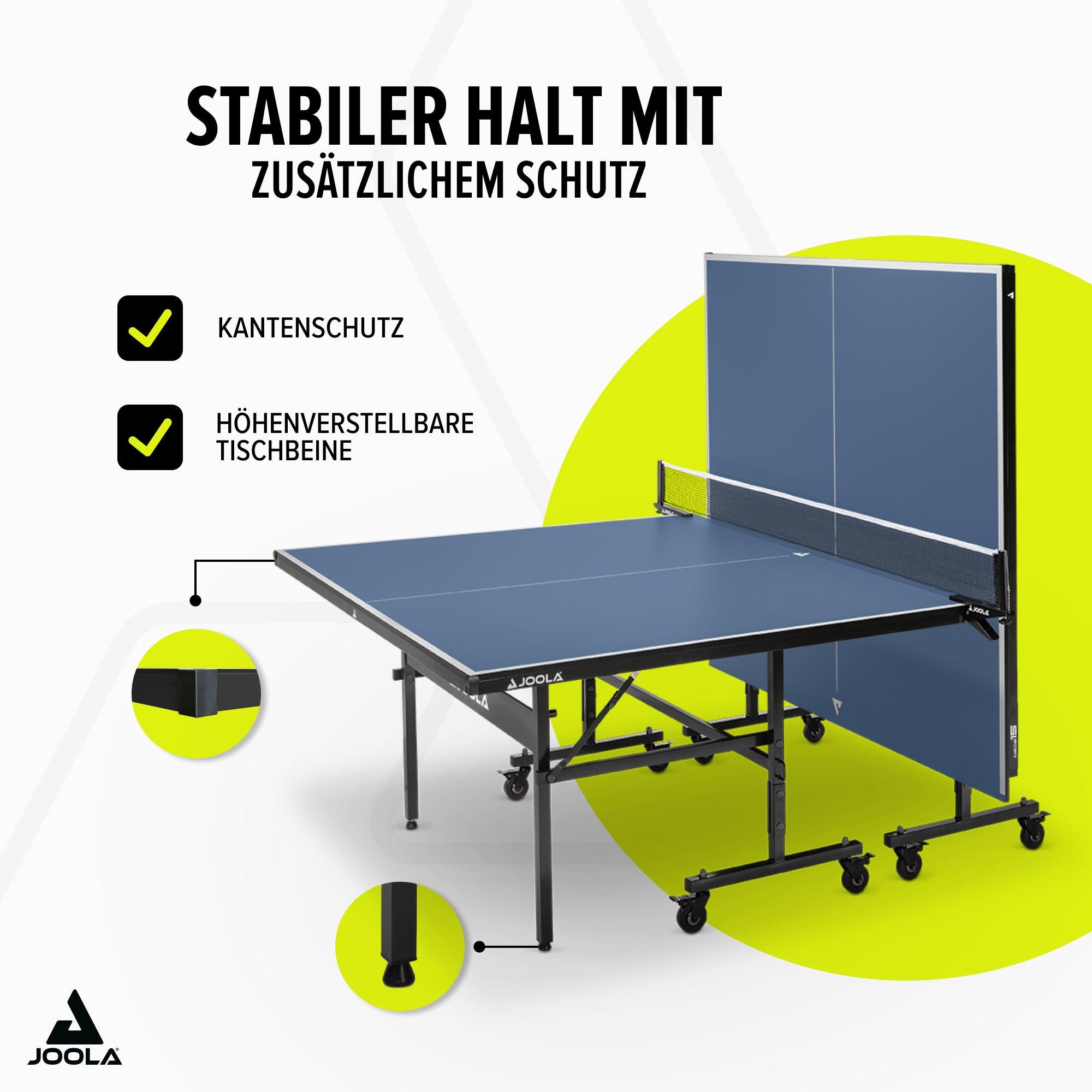 Tischtennisplatte JOOLA mit Kantenschutz und höhenverstellbaren Tischbeinen.