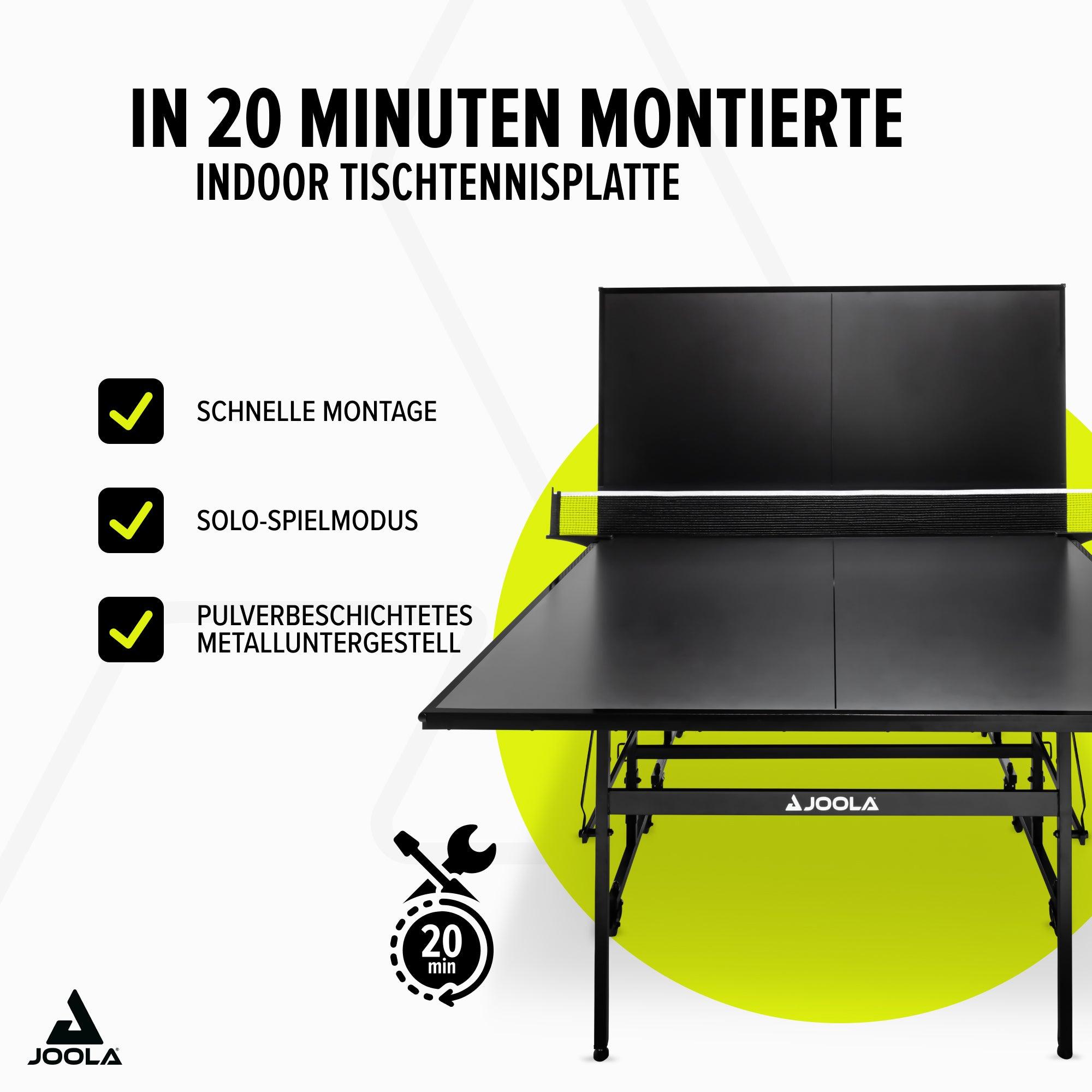 Schwarze Indoor-Tischtennisplatte von JOOLA mit Netz, schnelle Montage in 20 Minuten, Solo-Spielmodus und pulverbeschichtetem Metalluntergestell.