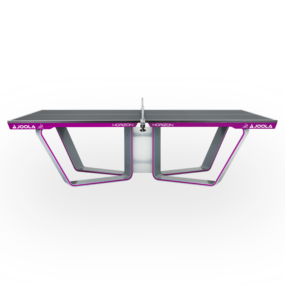 Tischtennisplatte JOOLA Horizon mit modernem, grauem und lila Design und Netz.
