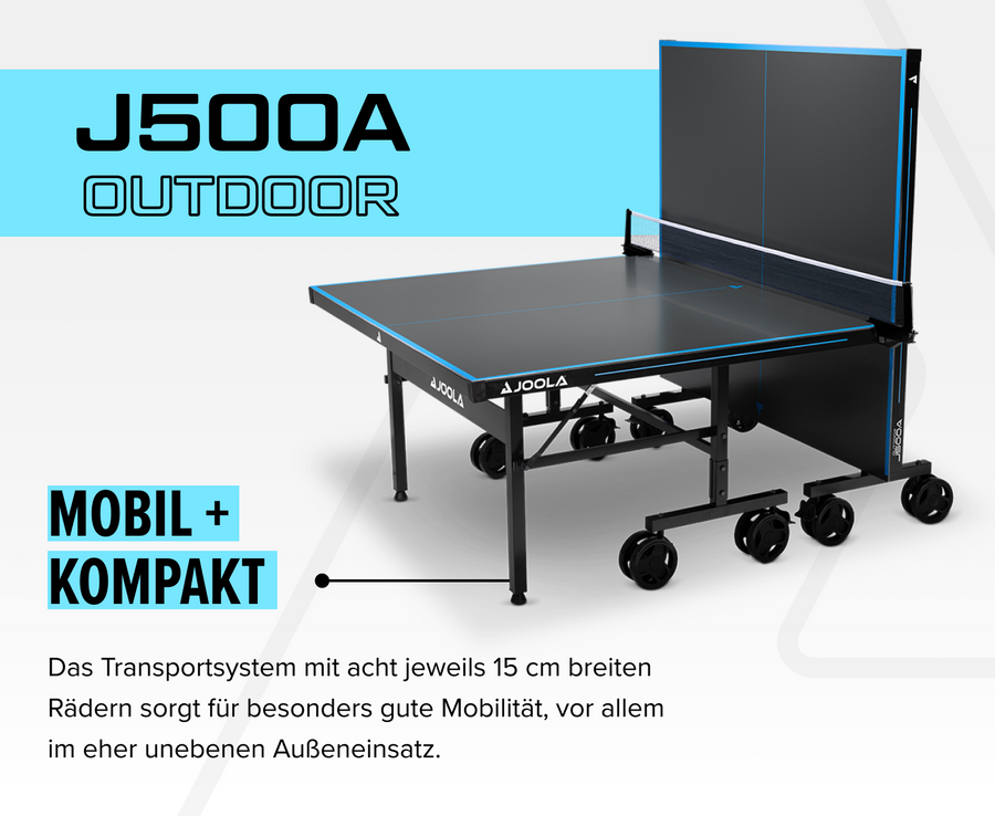 Outdoor-Tischtennisplatte J500A von JOOLA, mobil und kompakt mit acht breiten Rädern für unebenen Untergrund.