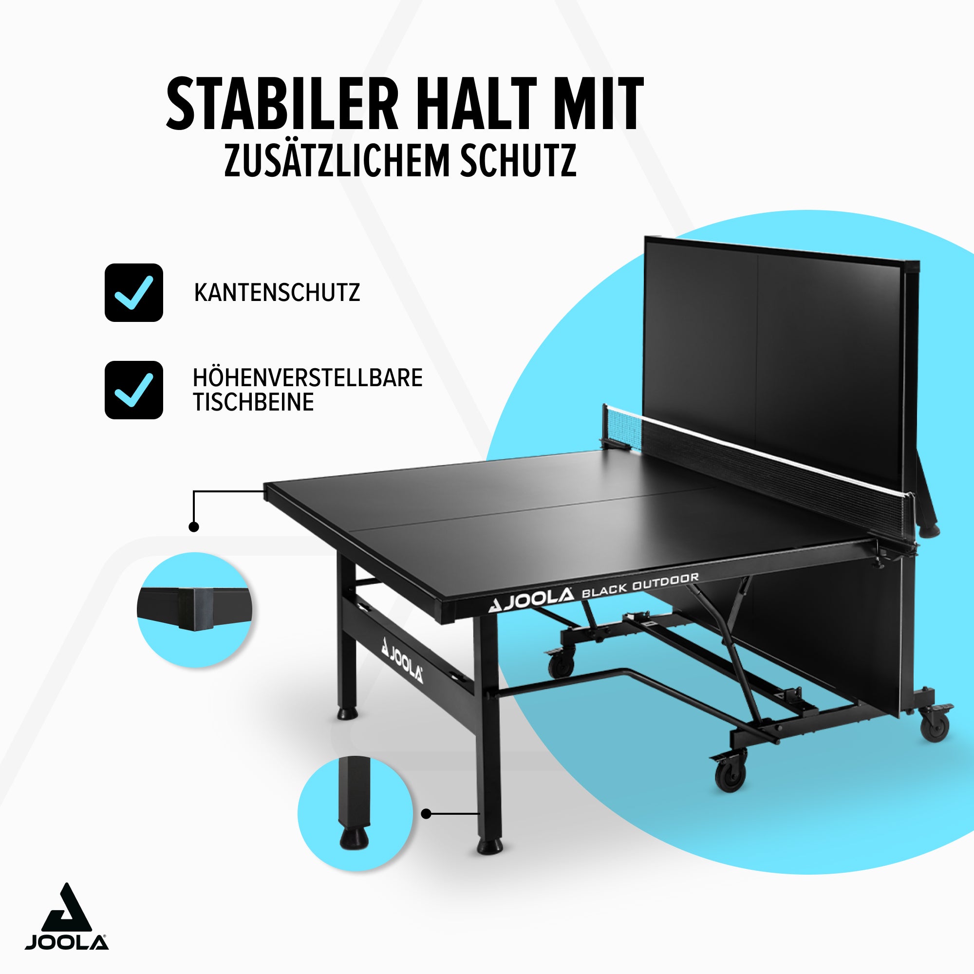 Schwarzer JOOLA Black Outdoor Tischtennistisch mit Kantenschutz und höhenverstellbaren Tischbeinen.