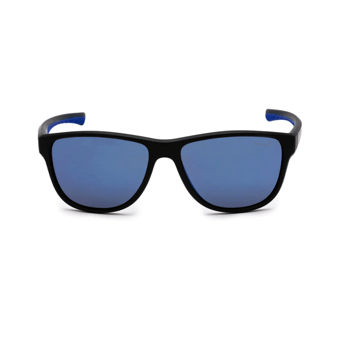 Schwarze Sonnenbrille mit blauen verspiegelten Gläsern, frontal dargestellt.