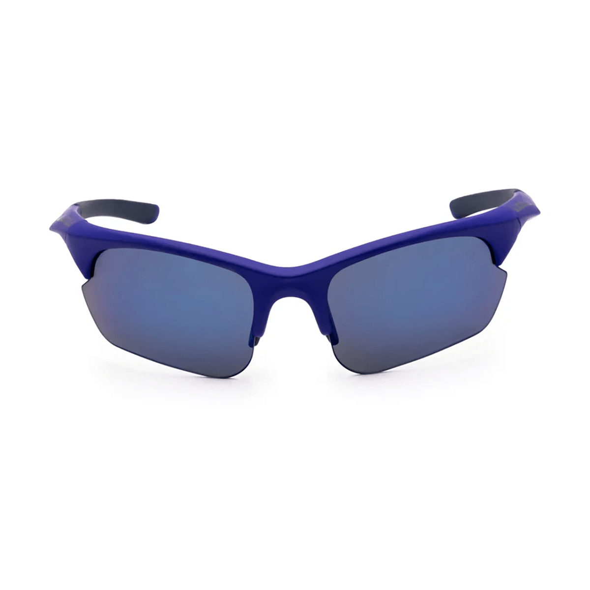 Sportliche Sonnenbrille mit blauem Rahmen und verspiegelten Gläsern.