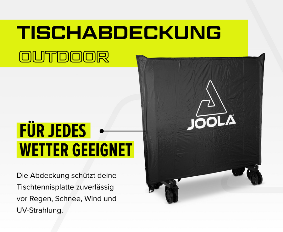 Schwarze JOOLA Outdoor-Tischabdeckung für Tischtennisplatte, wetterfest, schützt vor Regen, Schnee, Wind und UV-Strahlung.