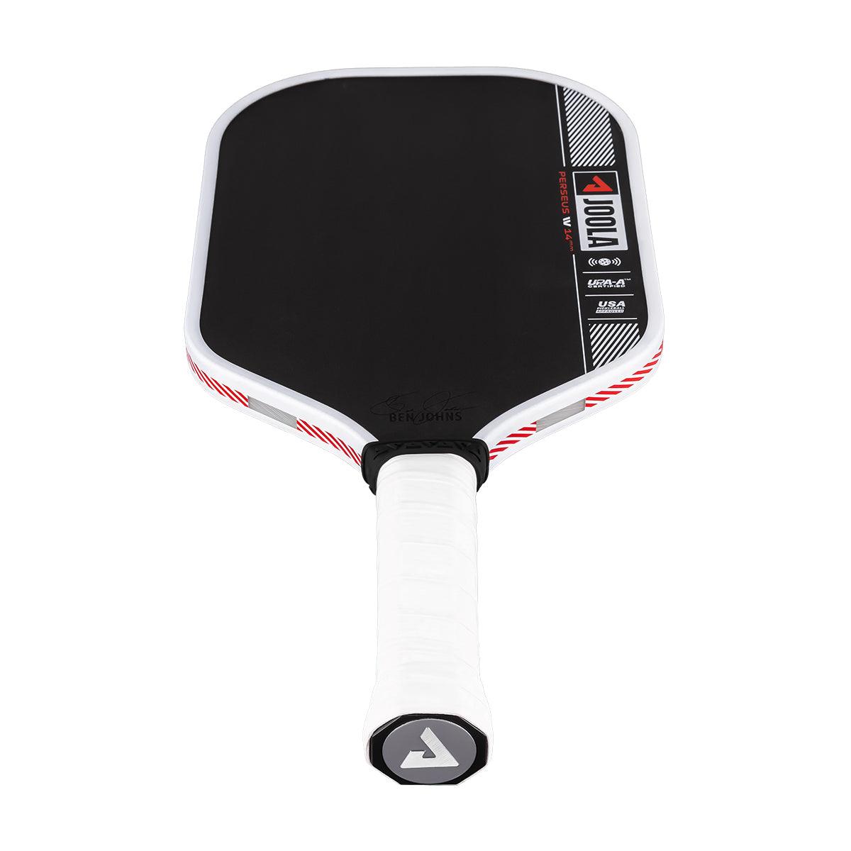Pickleball-Schläger JOOLA Perseus W 14 mm in Schwarz, Weiß und Rot mit weiß umwickeltem Griff.