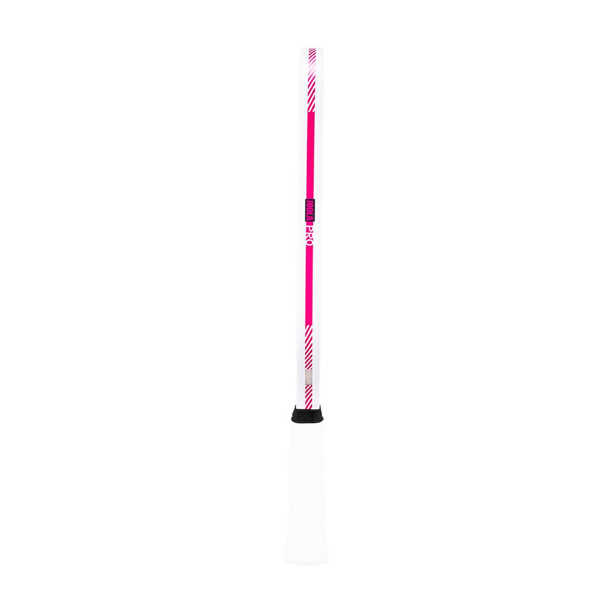 Seitliche Ansicht eines weißen und pinken Tischtennisschlägers mit schwarzem Griffende.