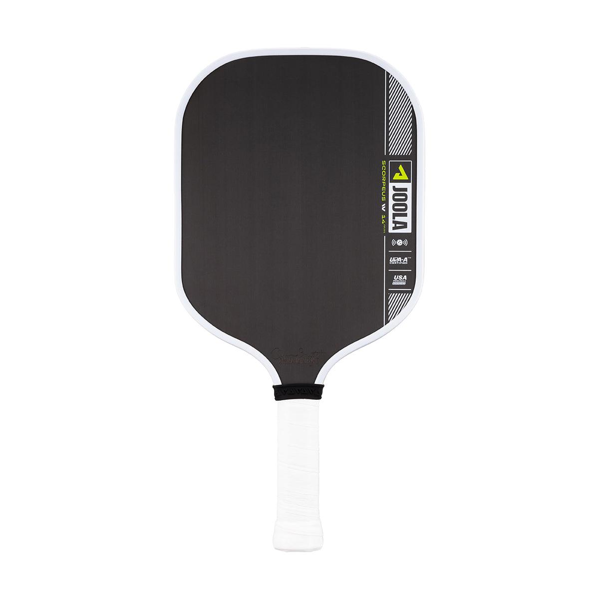 Pickleball-Schläger JOOLA Scorpeus IV mit schwarzer Schlagfläche und weißem Griff.