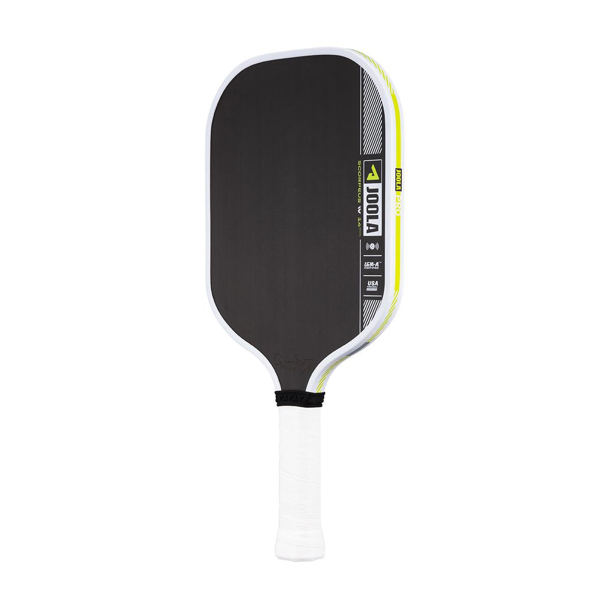 Pickleball-Schläger JOOLA Scorpus VX mit schwarzer Schlagfläche und weißem Griff.