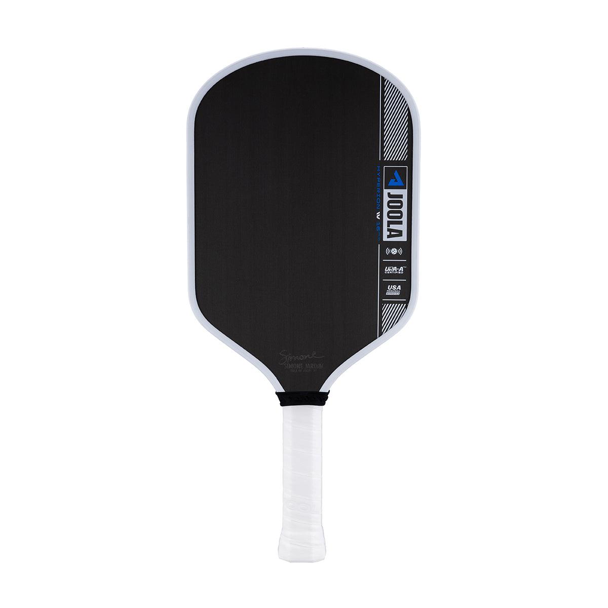 Schwarzer Pickleball-Schläger mit weißem Griff und blauer JOOLA-Beschriftung.