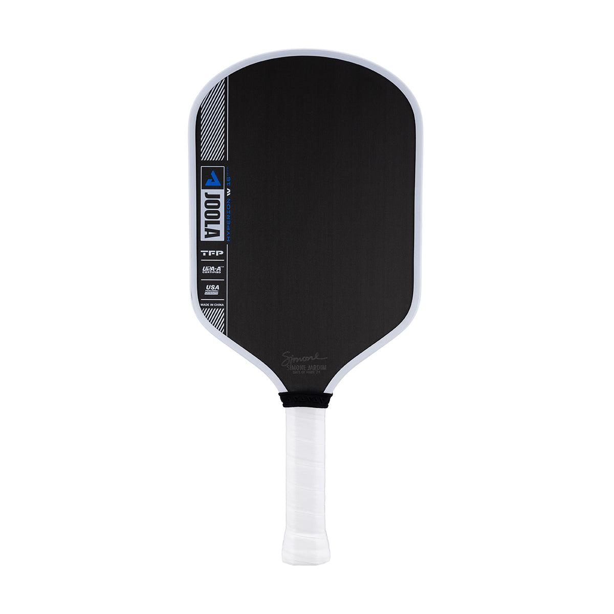 Schwarzer Pickleball-Schläger mit weißem Griff und blauen Akzenten, Modell JOOLA Hyperion V2.