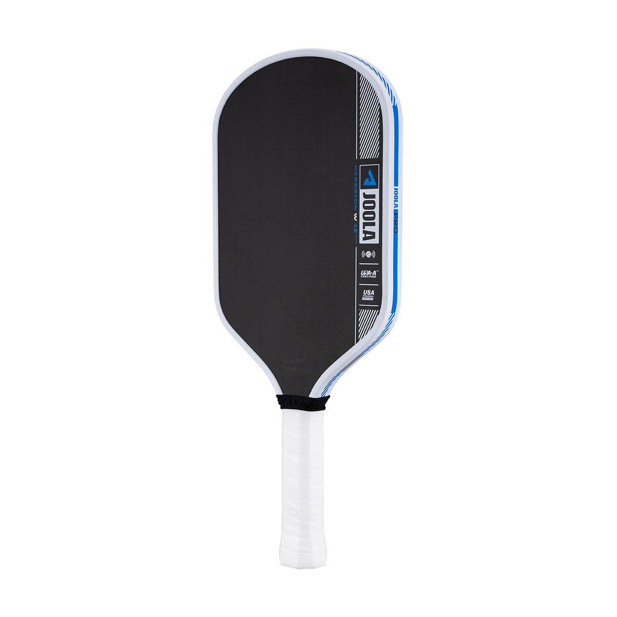 Pickleball-Schläger Joola Pro mit schwarzer Schlagfläche und weiß-blauem Rahmen.