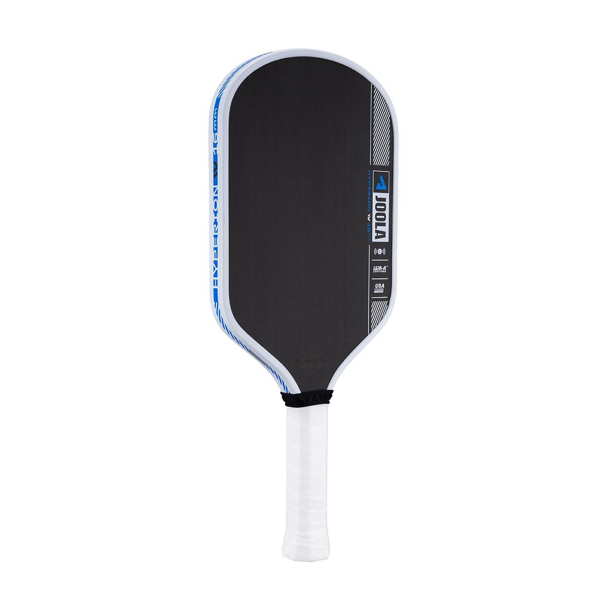Schwarzer JOOLA Pickleball-Schläger mit weißem Griff und blauen Akzenten.