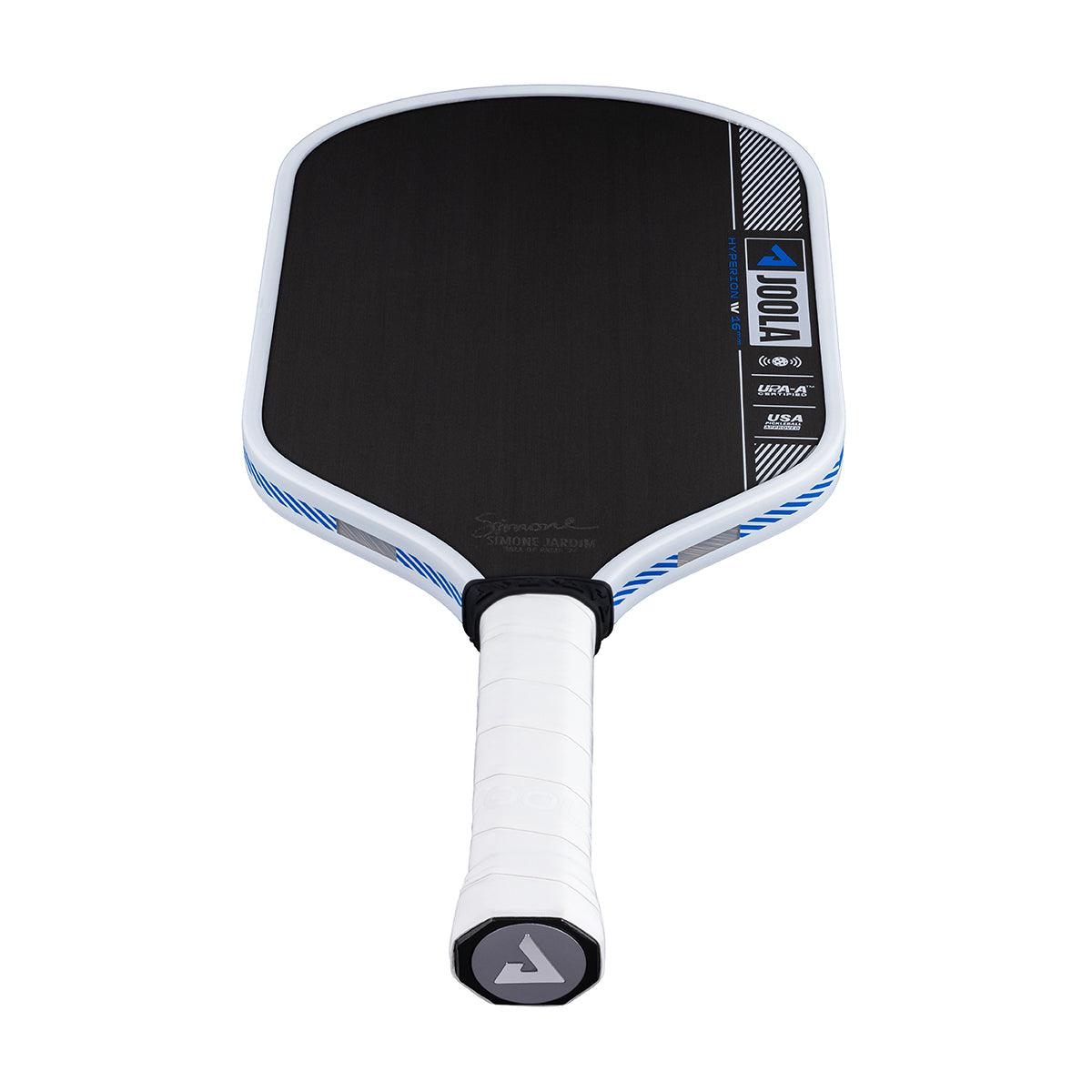 Pickleball-Schläger JOOLA Hyperion IV 3.6, schwarz-weiß mit blauem Akzent, weißer Griffbandwicklung.