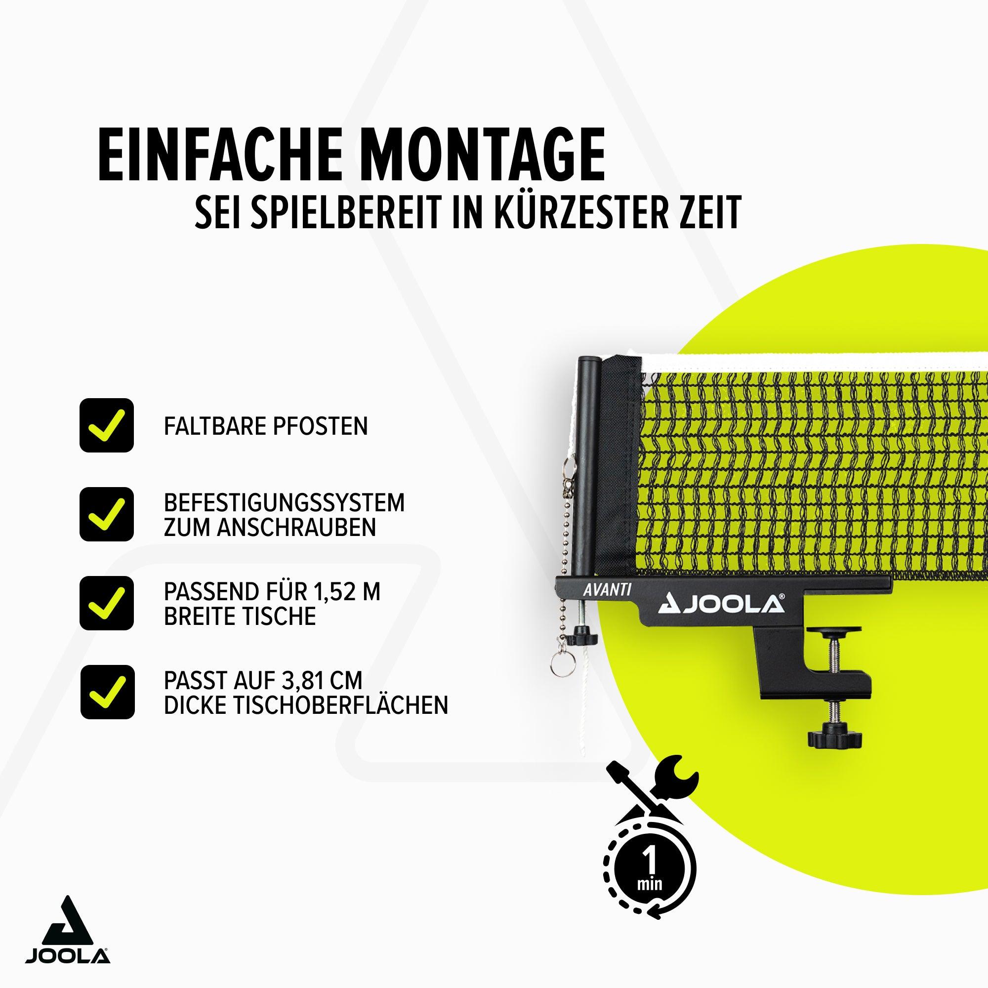 Tischtennisnetz mit klappbaren Pfosten und Schraubbefestigung, passend für 1,52 m breite Tische und Tischplatten bis 3,81 cm dick.