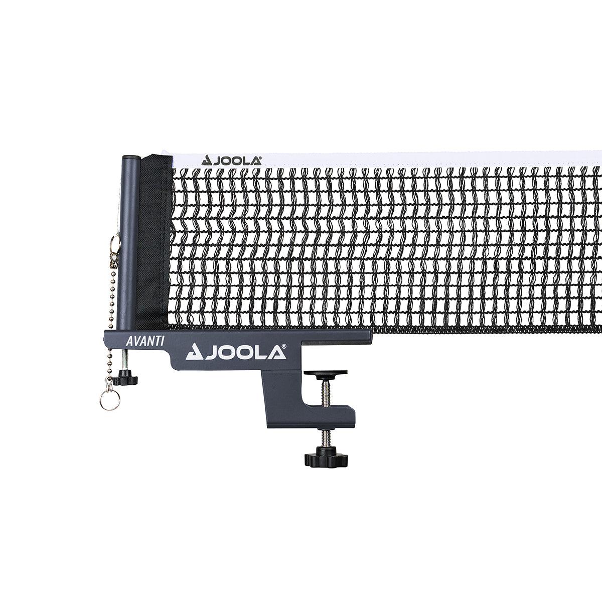 Tischtennisnetz mit Klemme und Zugfeder, Marke JOOLA Avanti, schwarz-weiß.