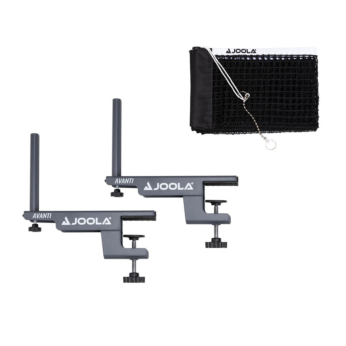 Tischtennisnetz-Set mit zwei grauen Klemmen und schwarzem Netz von JOOLA.