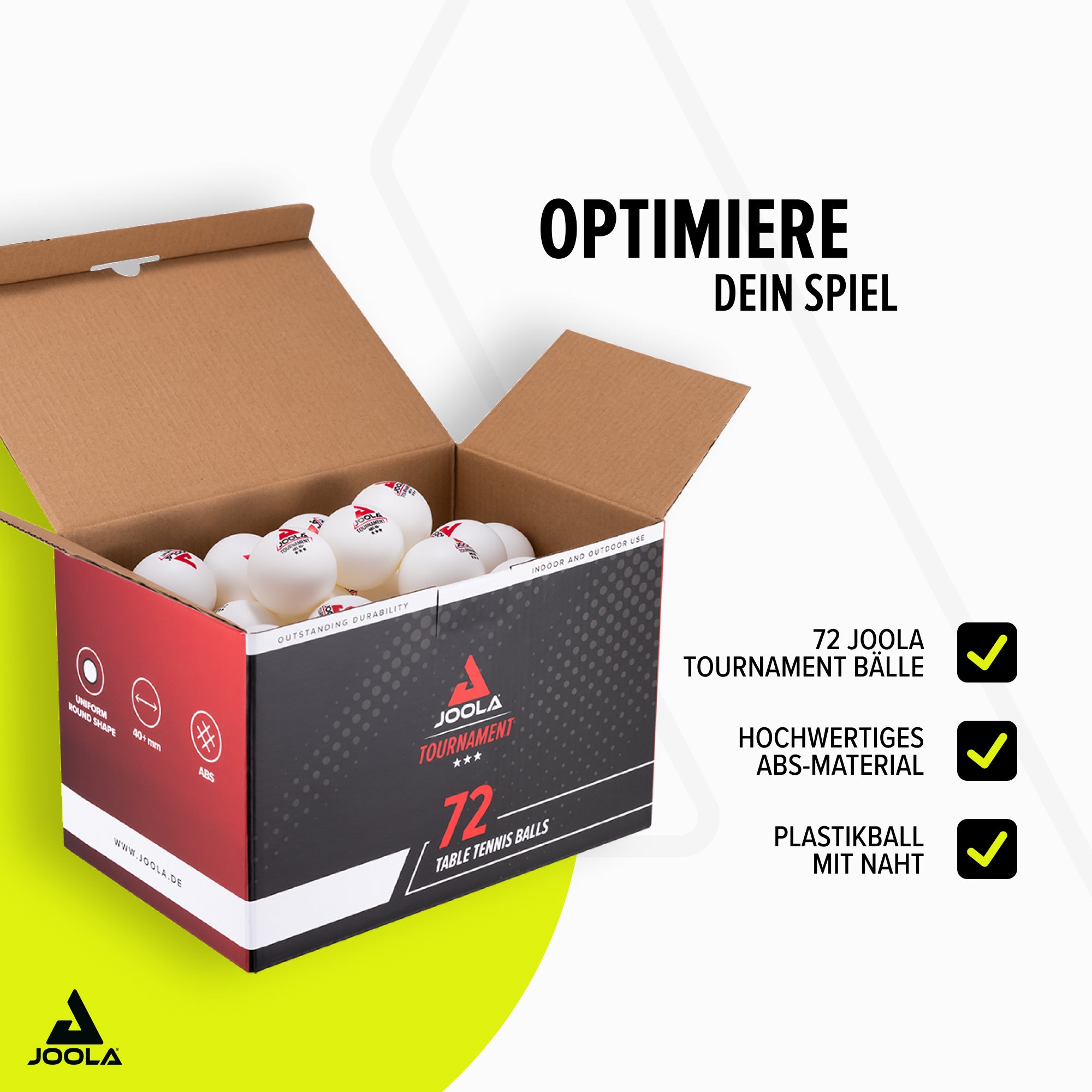 Geöffnete Verpackung mit 72 weißen Joola Tournament Tischtennisbällen aus ABS-Kunststoff mit Naht.