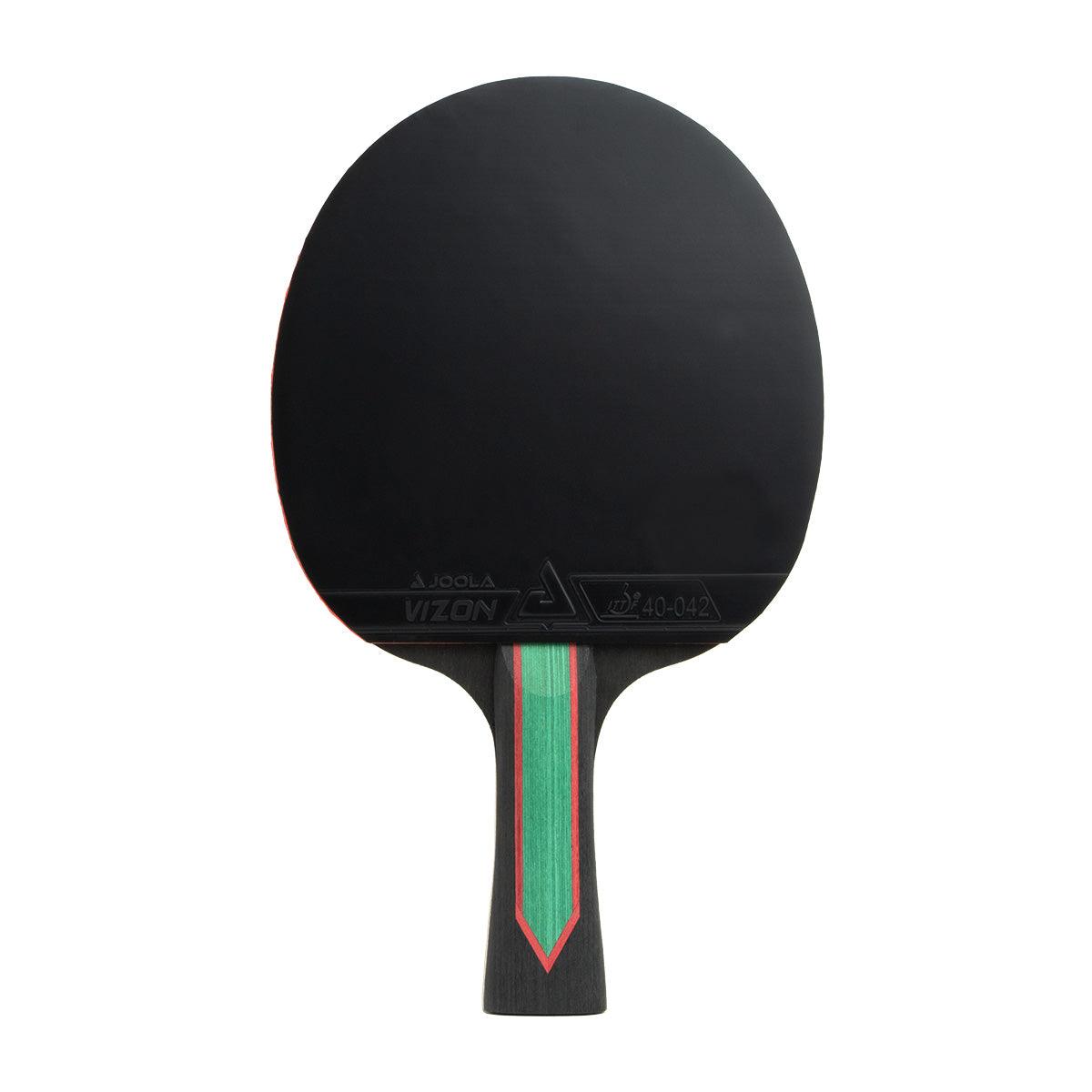 Schwarzer Tischtennisschläger mit grün-rotem Griff.