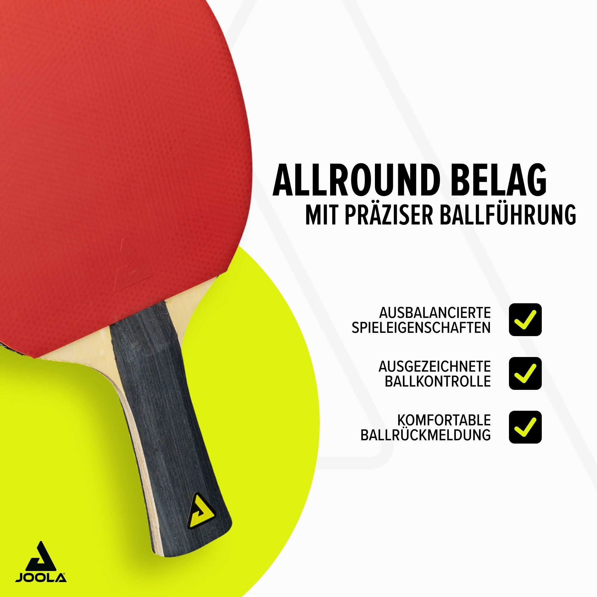 Tischtennisschläger mit rotem Belag und Holgriff, beworben als Allround-Belag mit präziser Ballführung.