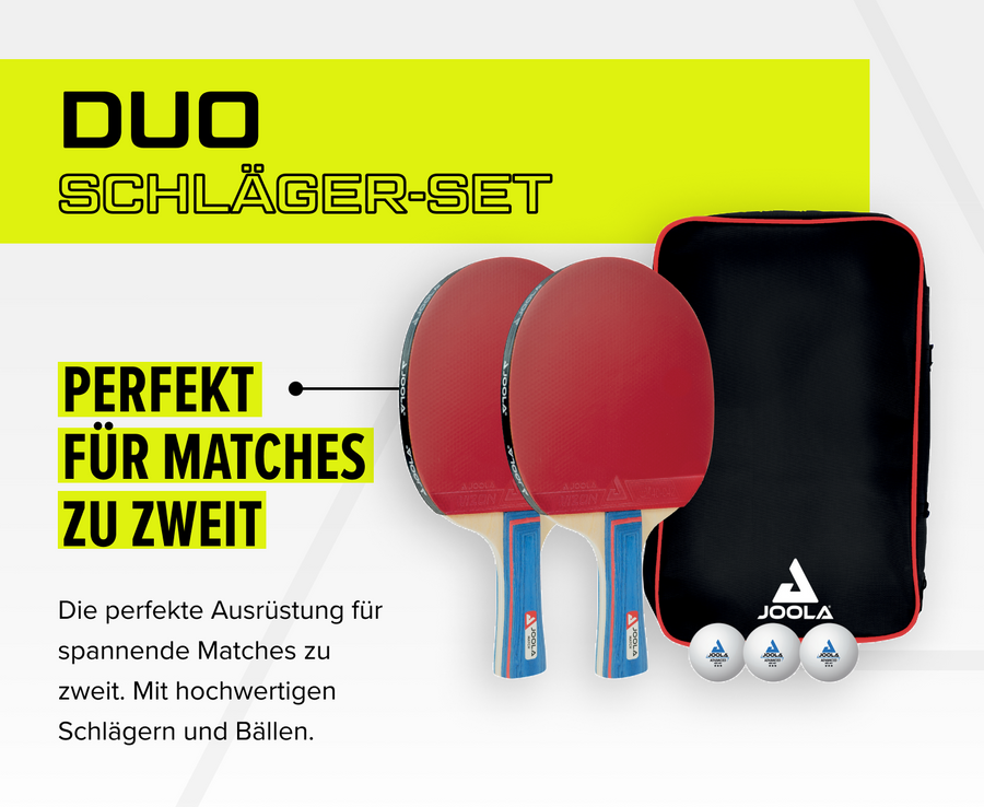 Duo Tischtennis-Schläger-Set mit zwei roten Schlägern, drei Bällen und schwarzer Tragetasche von JOOLA.