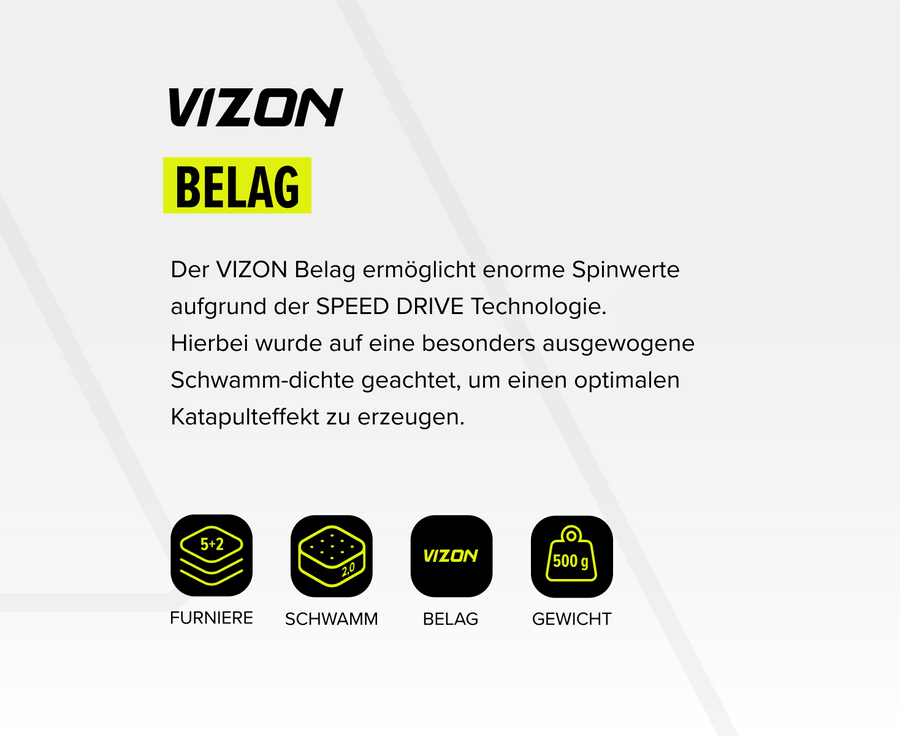 VIZON Belag mit SPEED DRIVE Technologie, ausgewogener Schwammdichte, 5+2 Furniere, 2,0 mm Schwamm, 500 g Gewicht.
