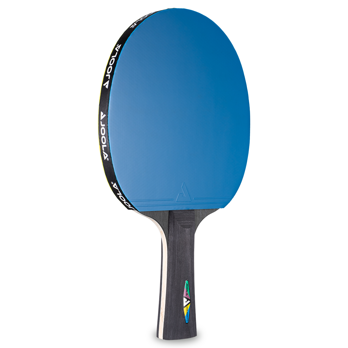 Tischtennisschläger mit blauer Schlagfläche, schwarzem Griff und JOOLA-Logo auf der Seite.