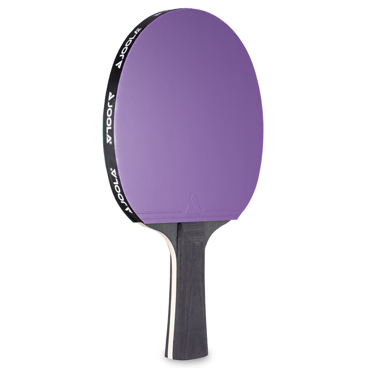Tischtennisschläger mit lila Belag und schwarzem Griff, Marke JOOLA, freigestellt vor weißem Hintergrund.