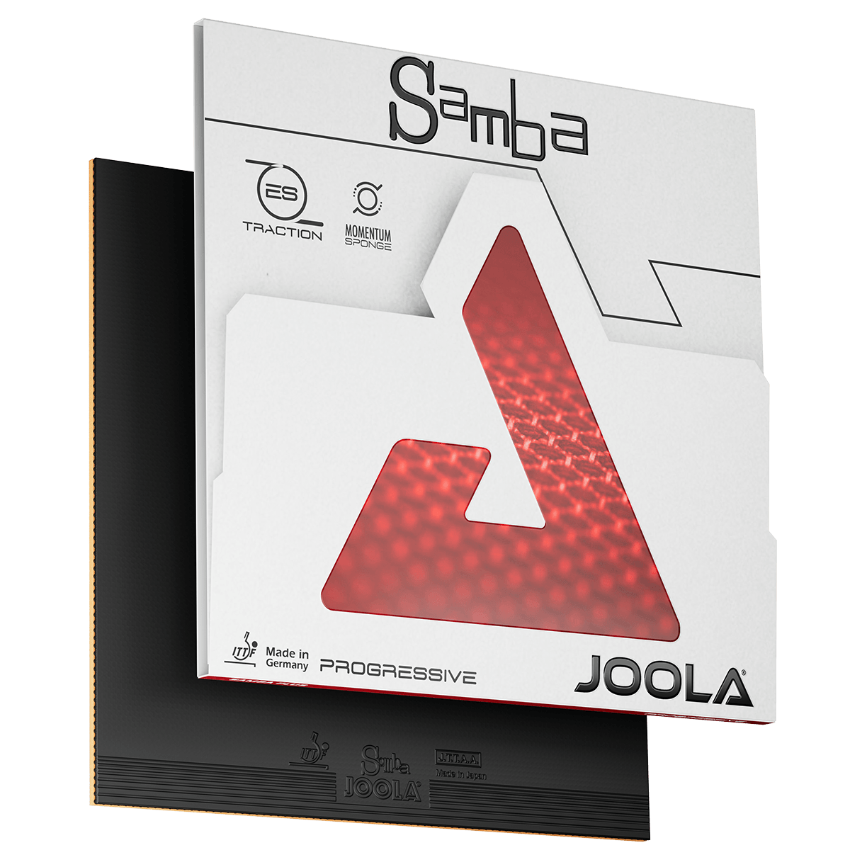 JOOLA Samba Tischtennisbelag in weißer Verpackung mit rotem Logo und schwarzem Belag.