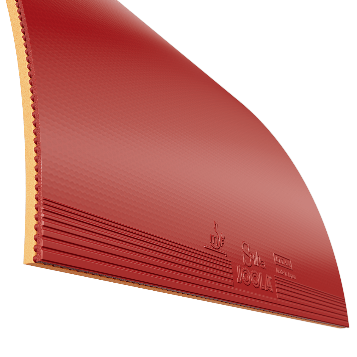 Roter JOOLA Tischtennisbelag mit Noppen-innen-Struktur, Nahaufnahme.