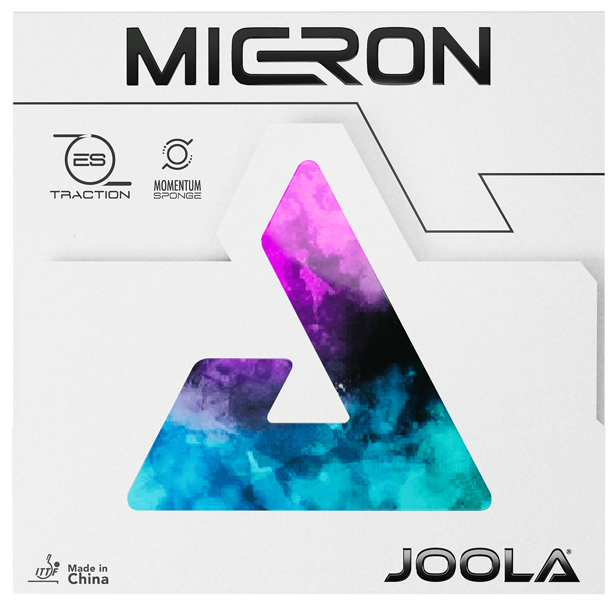 Verpackung des JOOLA Tischtennisbelags „Micron“ mit farbigem dreieckigem Sichtfenster, weißem Hintergrund und schwarzen Schriftzügen.
