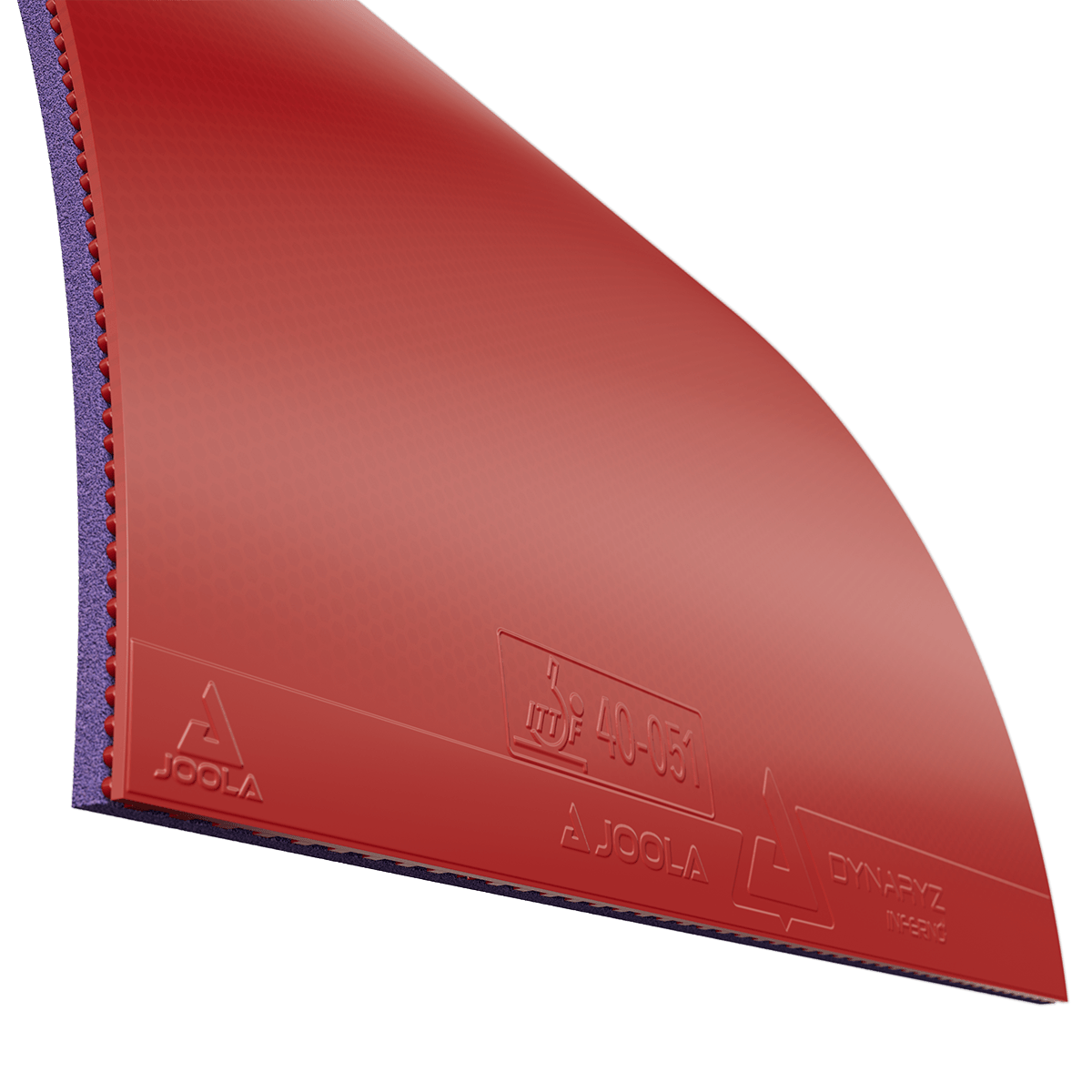 Tischtennisbelag JOOLA Dynaryz Inferno rot, Nahaufnahme der Oberfläche und Kante.