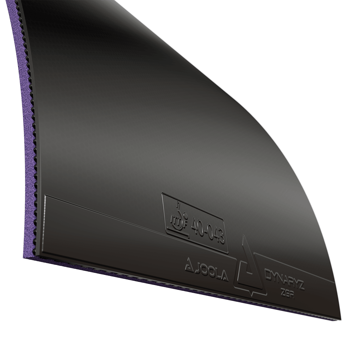 Schwarzer JOOLA Dynaryz ZGF Tischtennisbelag mit violetter Schwammunterseite, Nahaufnahme.