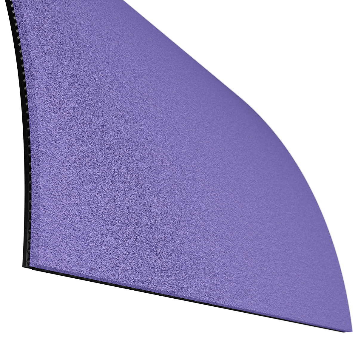 Lila Tischtennisbelag mit strukturierter Oberfläche und schwarzer Unterseite, leicht gebogen.