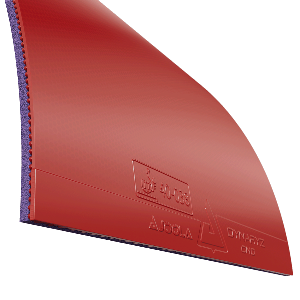 Rote Tischtennisbelag-Hälfte mit blauer Schwammunterseite, geprägt mit dem Schriftzug „JOOLA DYNARYZ CMD“ und Ittf-Zulassung.