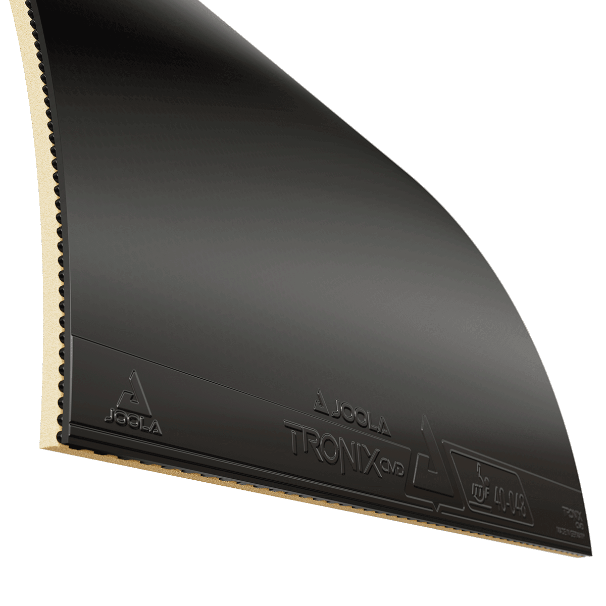 Schwarzer JOOLA Tischtennisbelag TRONIX CMD mit Schwamm in Nahaufnahme.