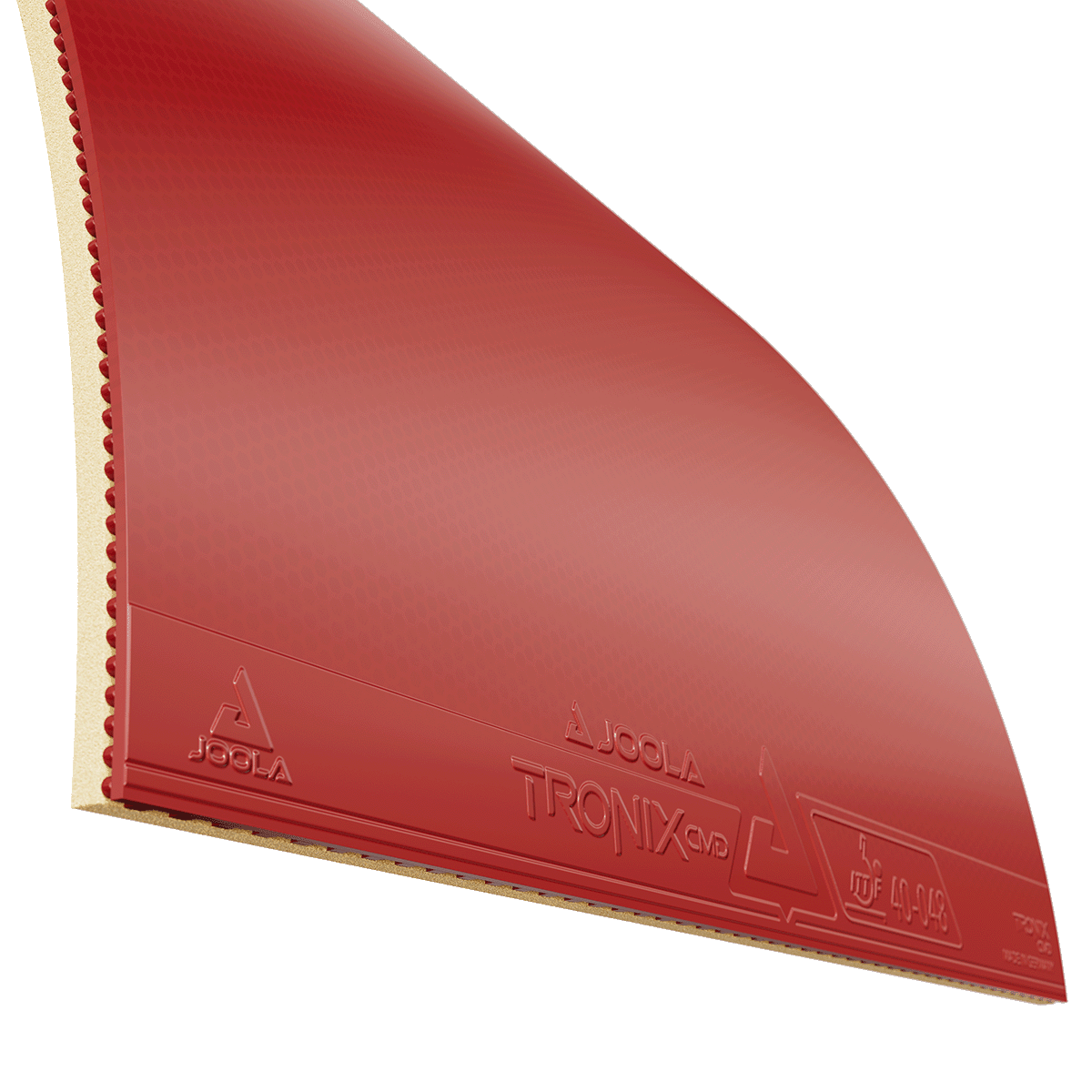 Roter JOOLA Tischtennisbelag Tronix CMD mit Schwamm, Nahaufnahme.