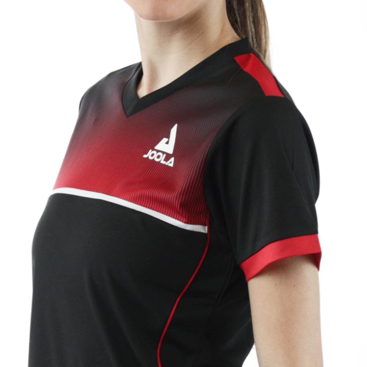 Damen-Sportshirt in Schwarz mit rotem und weißem Akzent, Marke Joola.