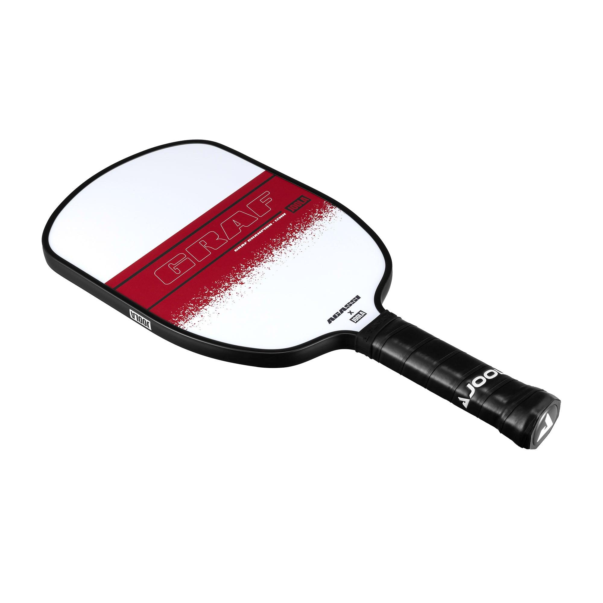 Pickleball Schläger mit weißer Schlagfläche, rotem Streifen und schwarzem Griff.