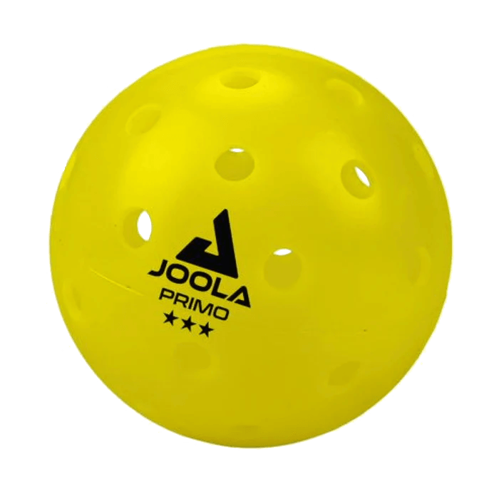 Gelber JOOLA PRIMO Floorball-Ball mit Löchern und drei Sternen.