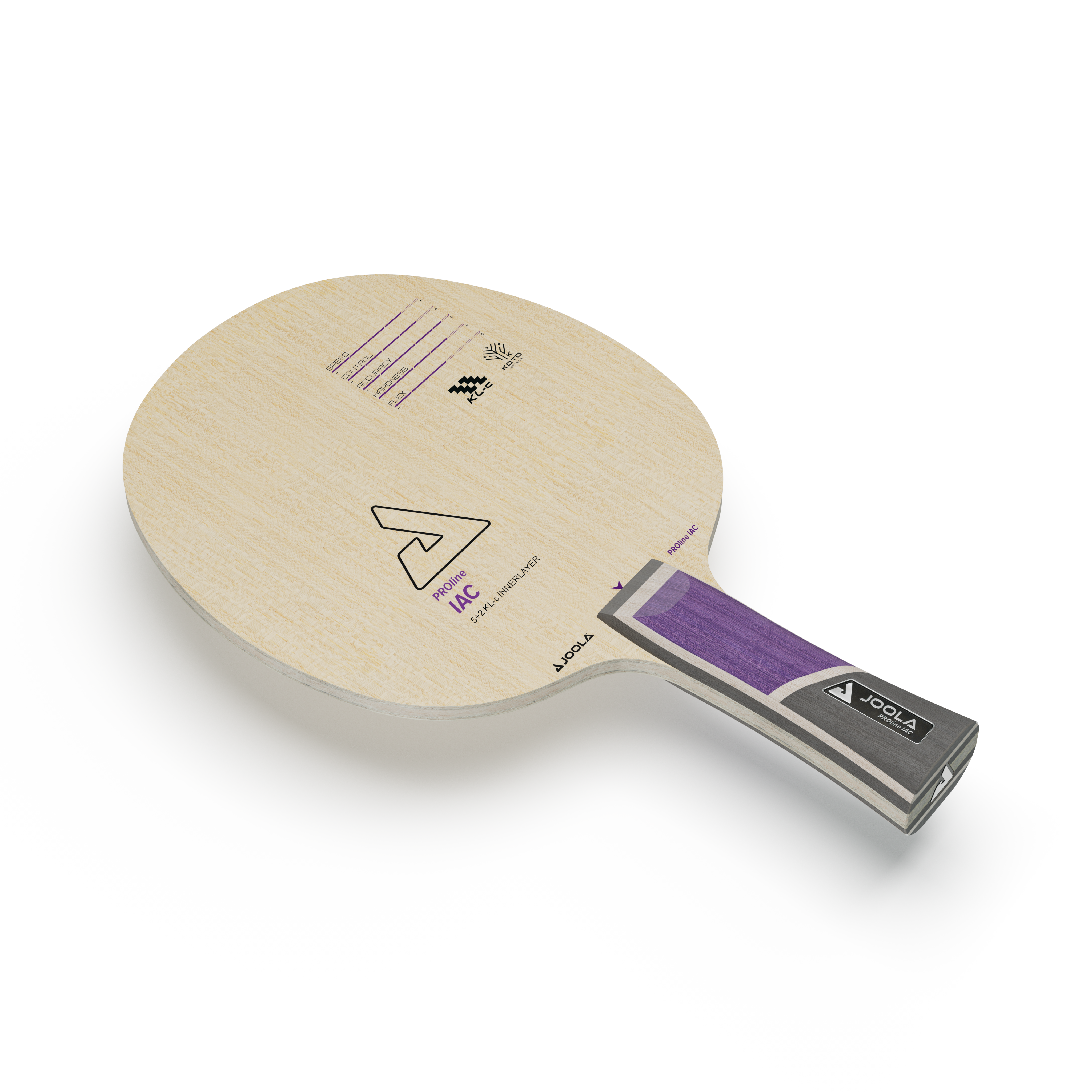 Tischtennisschläger JOOLA Proline IAC mit hellem Holz und lila-grauem Griff, ohne Belag.