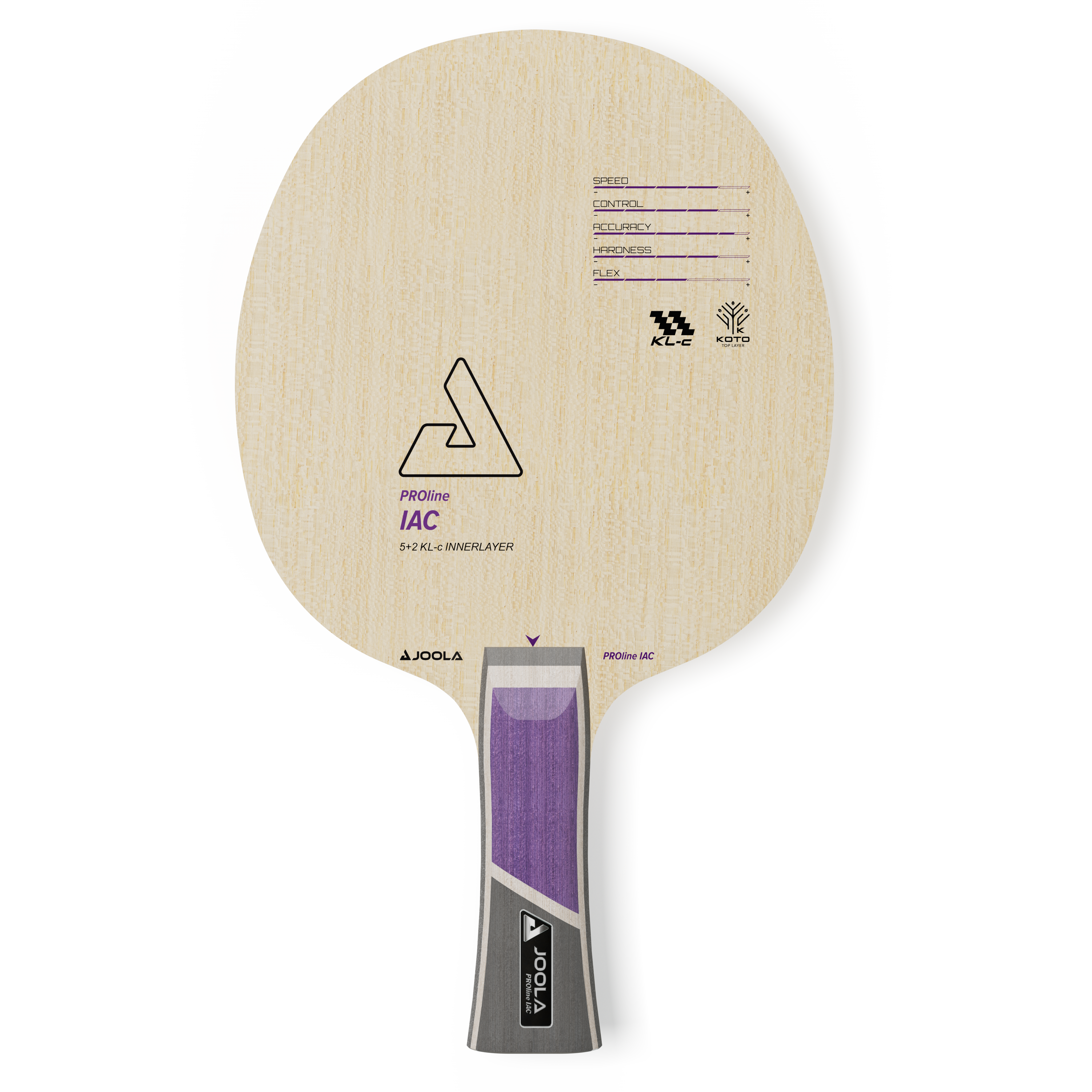 Tischtennisschläger JOOLA PROline IAC mit natürlicher Holzoberfläche und lila-grauem Griff, Spielwerte aufgedruckt.