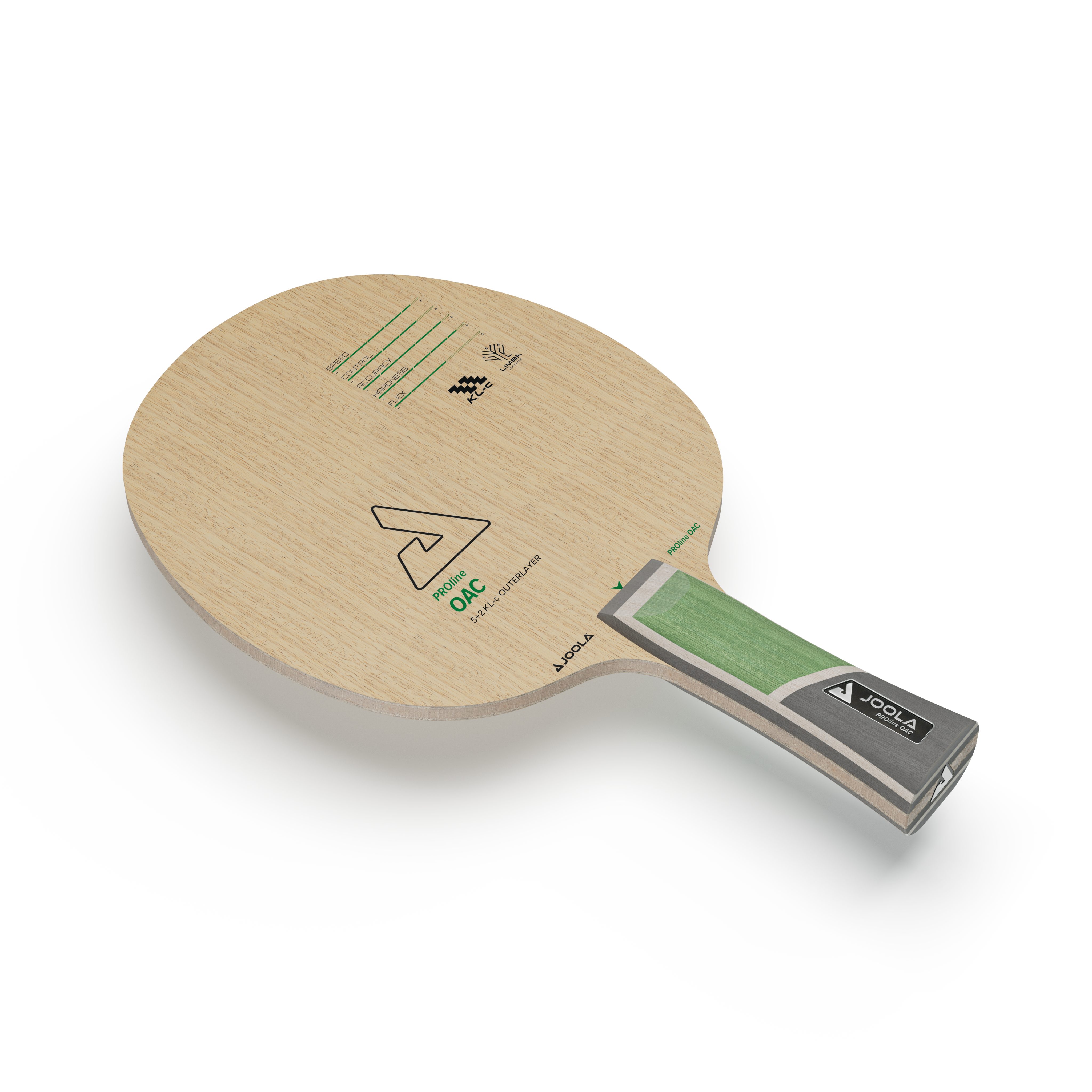 Tischtennisschläger JOOLA ProLine OAC mit Holzgriff und 5+2 KLC Außenlage, naturfarben und grün.