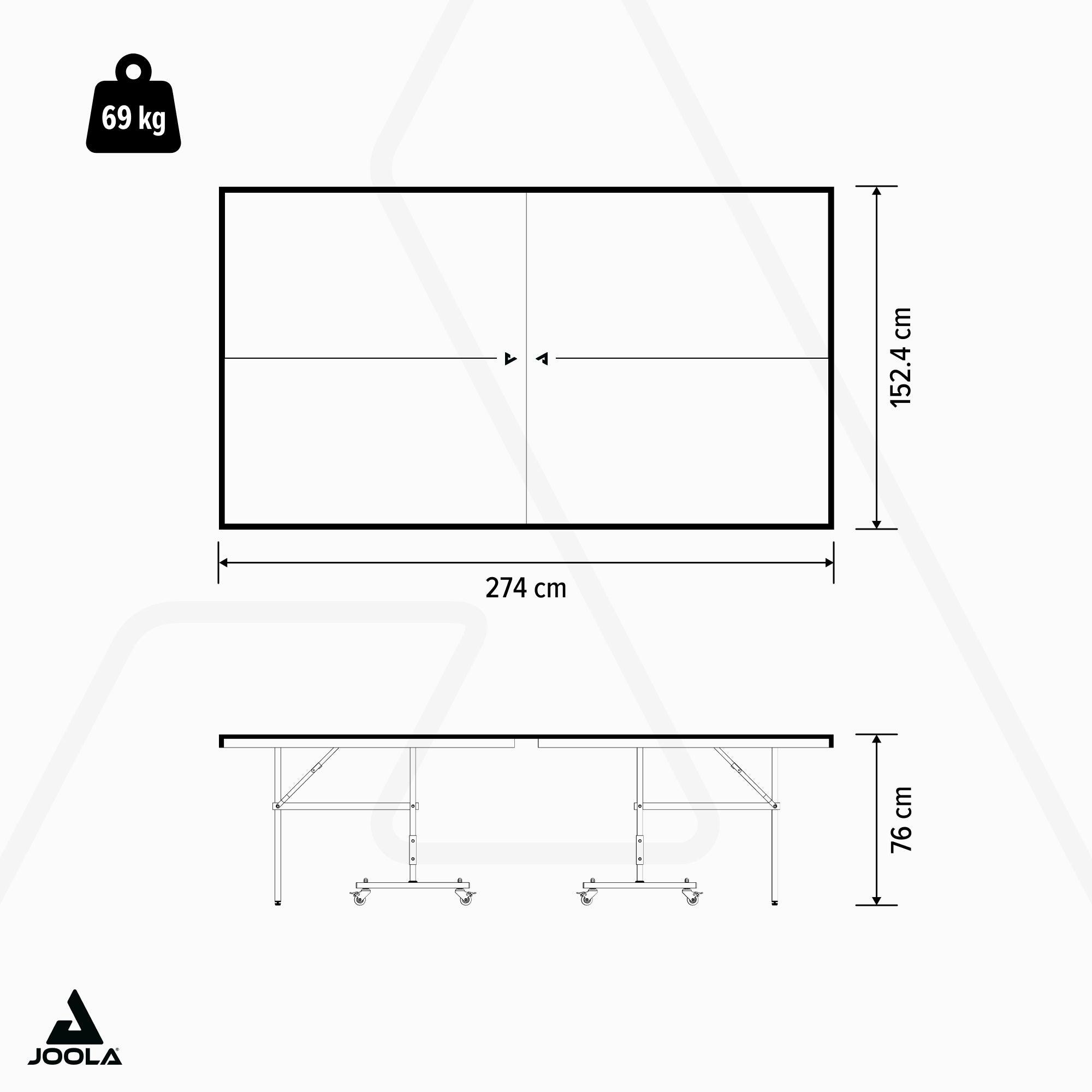 Technische Zeichnung eines Tischtennistischs mit den Maßen 274 cm Länge, 152,4 cm Breite, 76 cm Höhe und einem Gewicht von 69 kg.