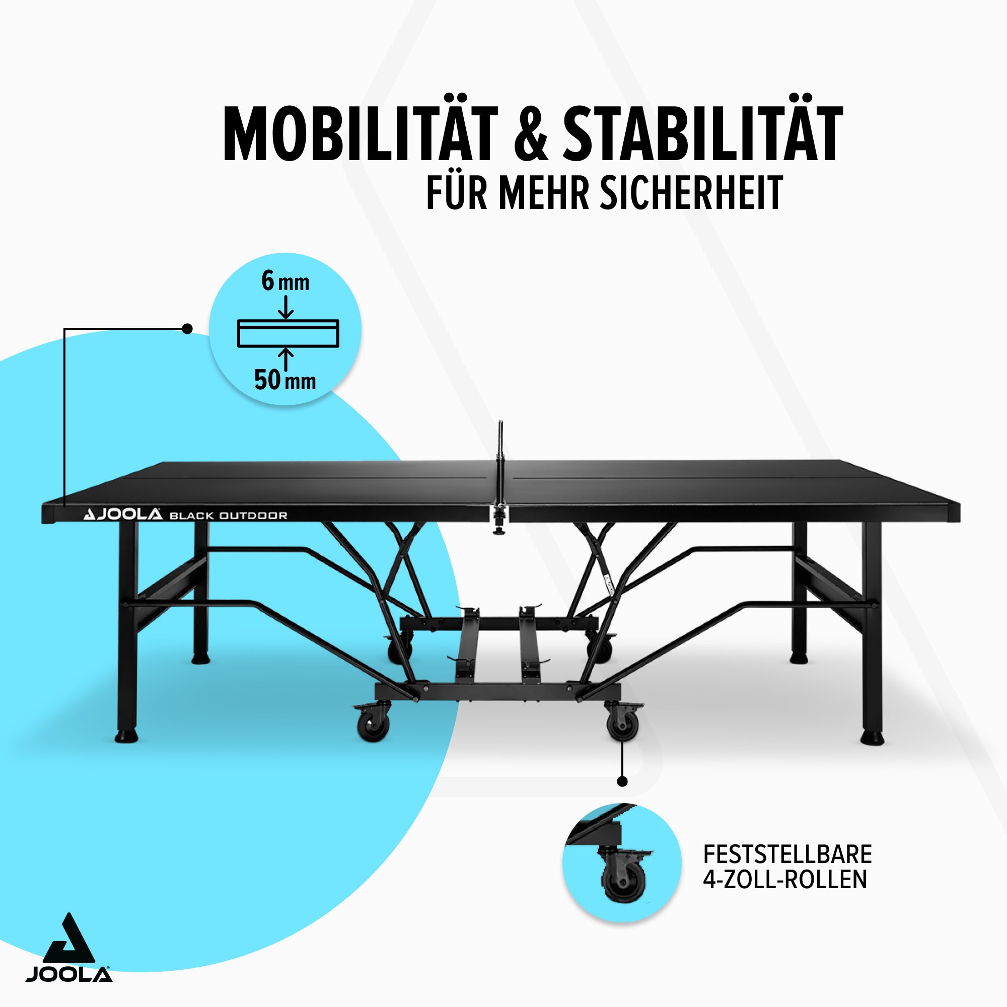 Schwarzer JOOLA Outdoor-Tischtennistisch mit 6 mm dicker Platte, 50 mm Rahmen und feststellbaren 4-Zoll-Rollen.