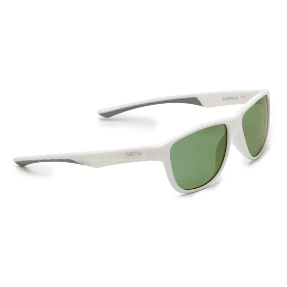 Weiße Sonnenbrille mit grünen Gläsern und grauen Akzenten an den Bügeln, Marke JOOLA.