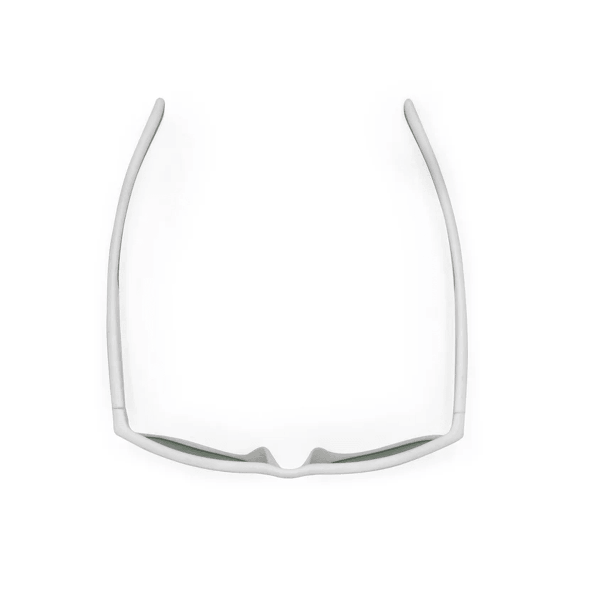 Weiße Sportsonnenbrille von oben, ohne sichtbare Gläser.