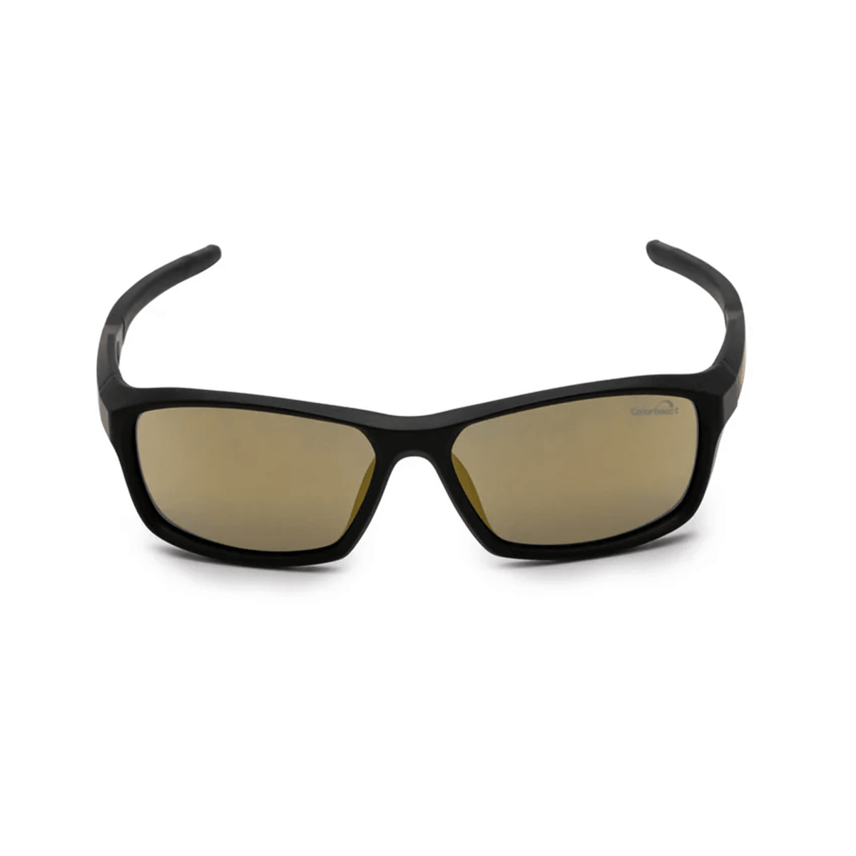 Schwarze Sonnenbrille mit rechteckigen, braun getönten Gläsern.
