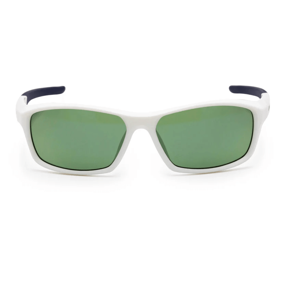 Weiße Sport-Sonnenbrille mit grünen Gläsern, frontal dargestellt.