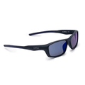 Sonnenbrille mit schwarzem Rahmen und blauen verspiegelten Gläsern, Marke JOOLA.