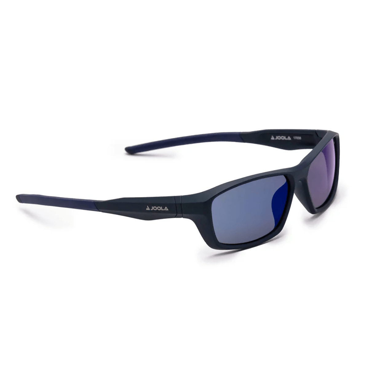 Sonnenbrille mit schwarzem Rahmen und blauen verspiegelten Gläsern, Marke JOOLA.
